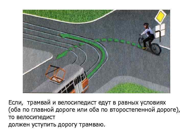 Если, трамвай и велосипедист едут в равных условиях (оба по главной дороге или оба