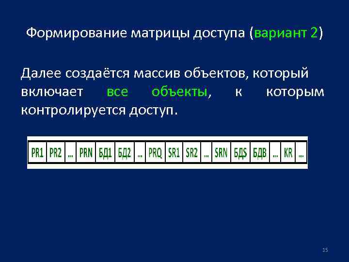 Формирование матрицы доступа (вариант 2) Далее создаётся массив объектов, который включает все объекты, к