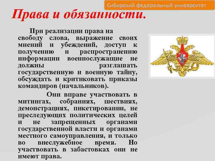 Сибирский федеральный университет Права и обязанности. При реализации права на свободу слова, выражение своих