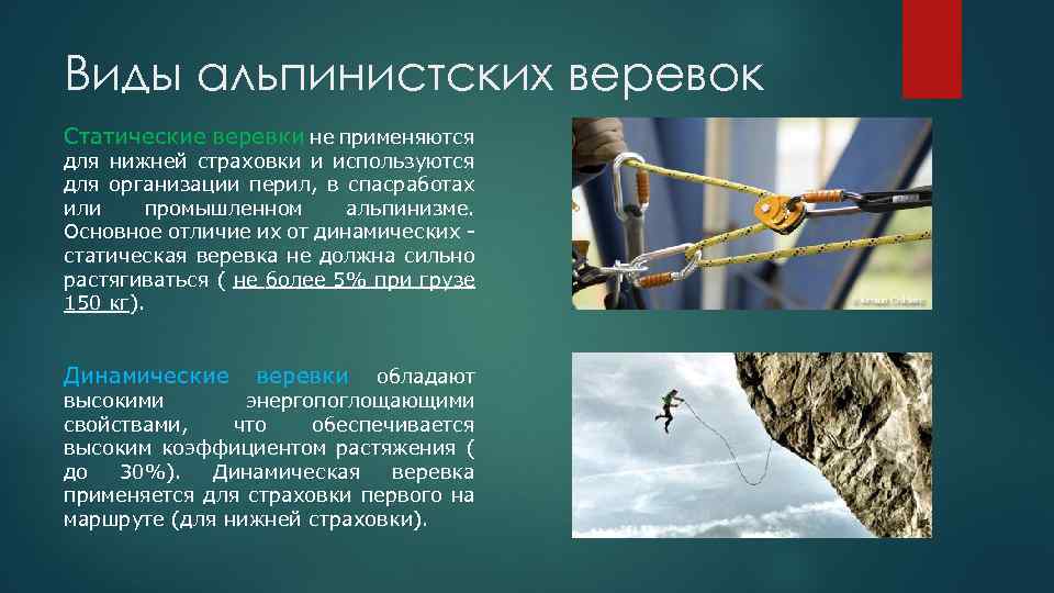 Виды альпинистских веревок Статические веревки не применяются для нижней страховки и используются для организации