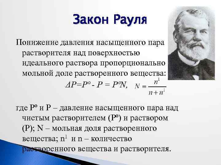 Закон Рауля Понижение давления насыщенного пара растворителя над поверхностью идеального раствора пропорционально мольной доле