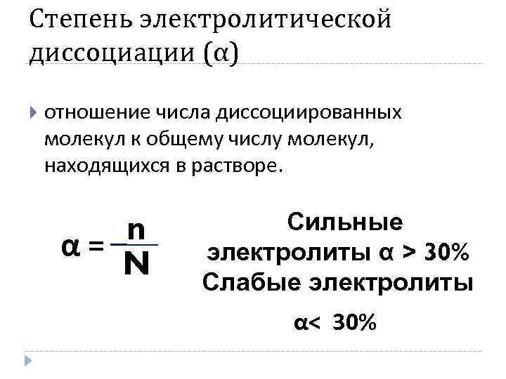 Степень электролитической диссоциации (α) отношение числа диссоциированных молекул к общему числу молекул, находящихся в