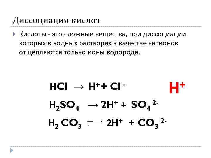 Диссоциация кислот Кислоты - это сложные вещества, при диссоциации которых в водных растворах в