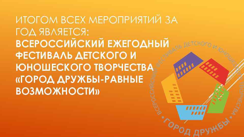 ИТОГОМ ВСЕХ МЕРОПРИЯТИЙ ЗА ГОД ЯВЛЯЕТСЯ: ВСЕРОССИЙСКИЙ ЕЖЕГОДНЫЙ ФЕСТИВАЛЬ ДЕТСКОГО И ЮНОШЕСКОГО ТВОРЧЕСТВА «ГОРОД