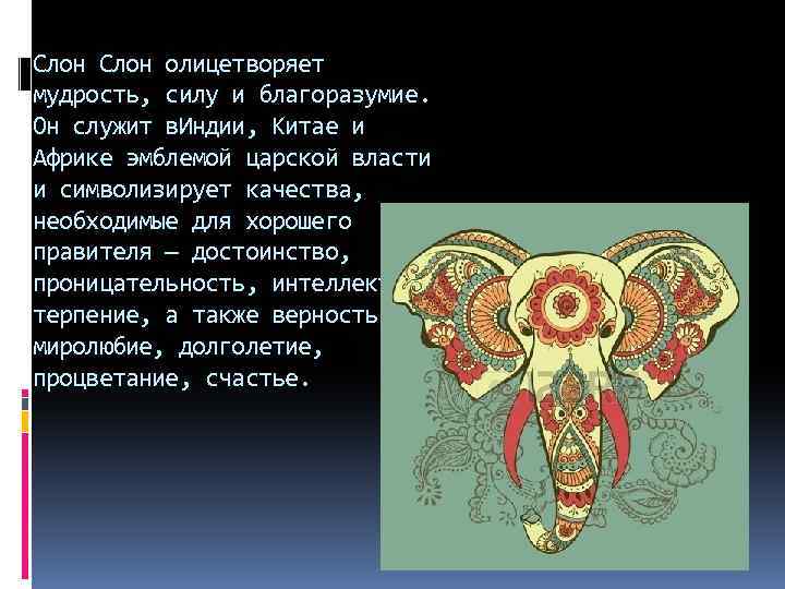 Слон олицетворяет мудрость, силу и благоразумие. Он служит в. Индии, Китае и Африке эмблемой