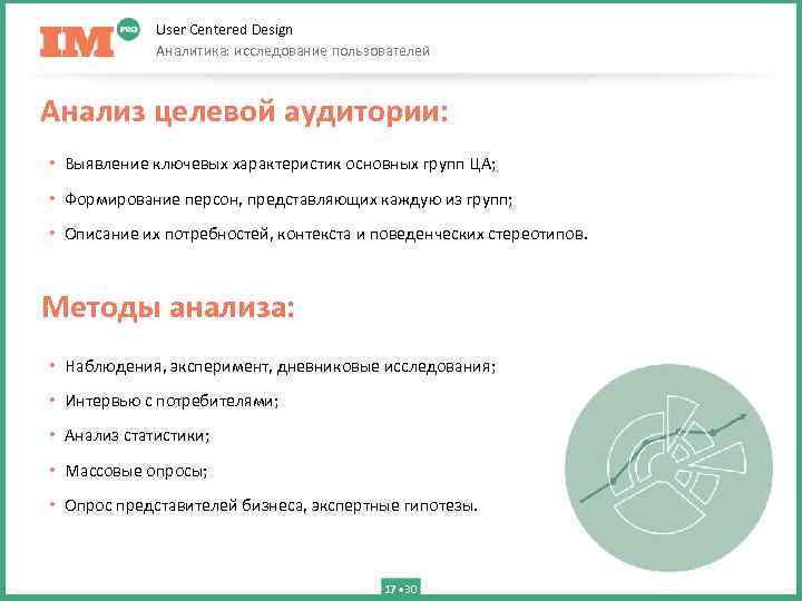 User Centered Design Аналитика: исследование пользователей Анализ целевой аудитории: • Выявление ключевых характеристик основных