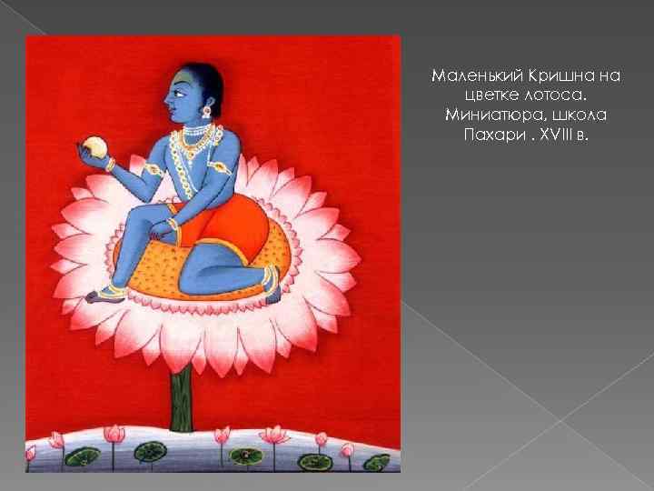 Маленький Кришна на цветке лотоса. Миниатюра, школа Пахари. XVIII в. 
