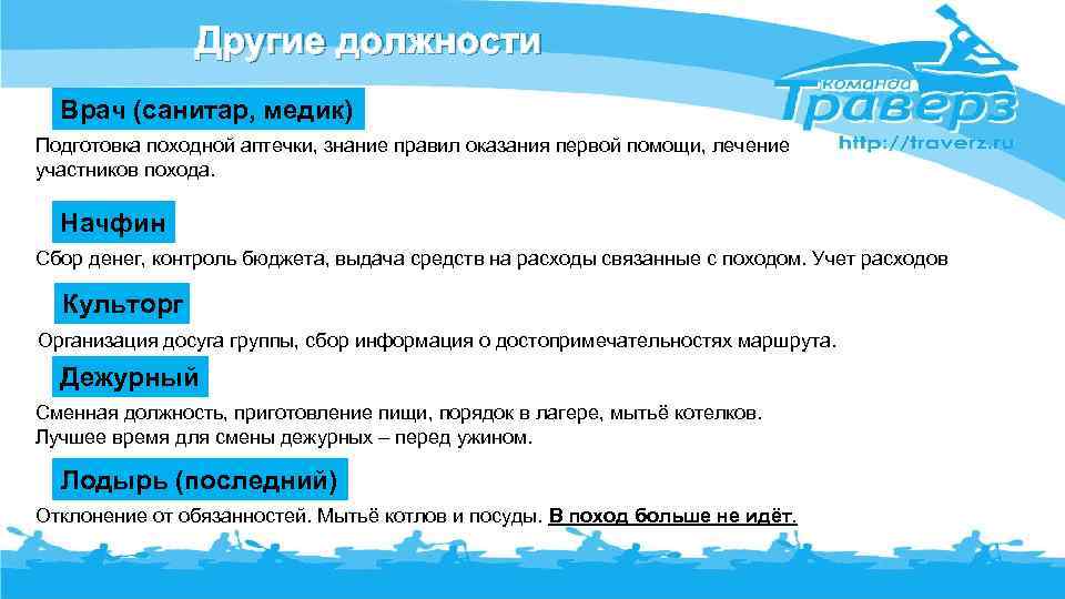 Другие должности Врач (санитар, медик) Подготовка походной аптечки, знание правил оказания первой помощи, лечение