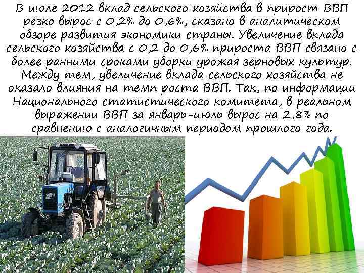 В июле 2012 вклад сельского хозяйства в прирост ВВП резко вырос с 0, 2%