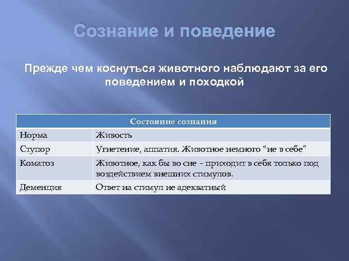 Сознание и поведение Прежде чем коснуться животного наблюдают за его поведением и походкой Состояние