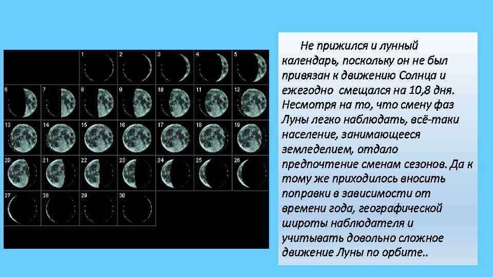 Не прижился и лунный календарь, поскольку он не был привязан к движению Солнца и