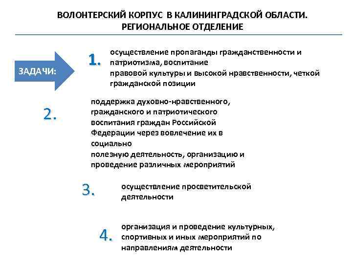 ВОЛОНТЕРСКИЙ КОРПУС В КАЛИНИНГРАДСКОЙ ОБЛАСТИ. РЕГИОНАЛЬНОЕ ОТДЕЛЕНИЕ ЗАДАЧИ: 2. 1. осуществление пропаганды гражданственности и