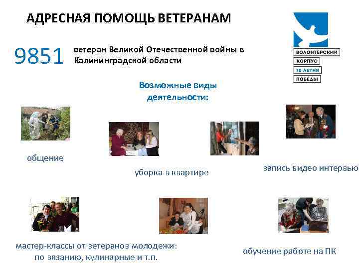 АДРЕСНАЯ ПОМОЩЬ ВЕТЕРАНАМ 9851 ветеран Великой Отечественной войны в Калининградской области Возможные виды деятельности: