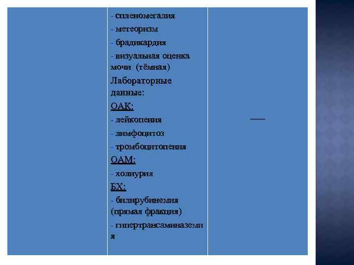 - спленомегалия - метеоризм - брадикардия - визуальная оценка мочи (тёмная) Лабораторные данные: ОАК: