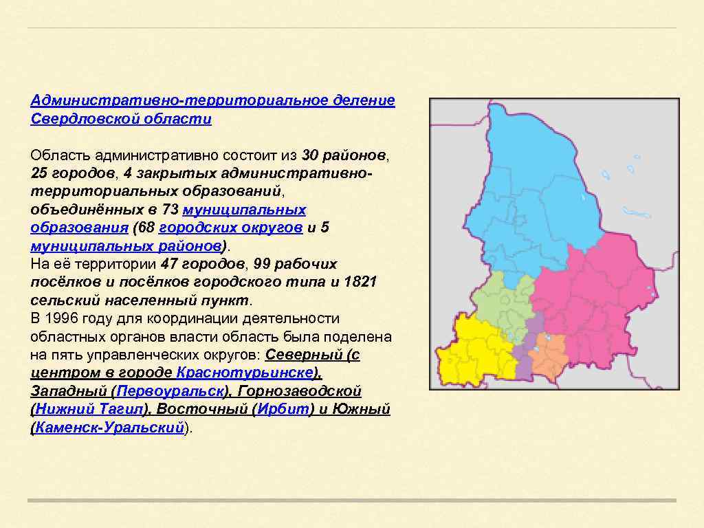 Административно-территориальное деление Свердловской области Область административно состоит из 30 районов, 25 городов, 4 закрытых