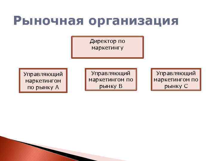 Рыночная организация Директор по маркетингу Управляющий маркетингом по рынку А Управляющий маркетингом по рынку