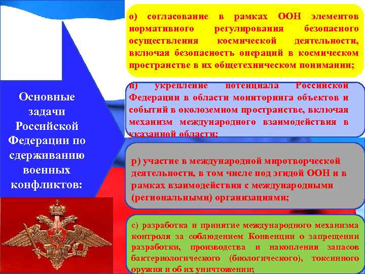 о) согласование в рамках ООН элементов нормативного регулирования безопасного осуществления космической деятельности, включая безопасность