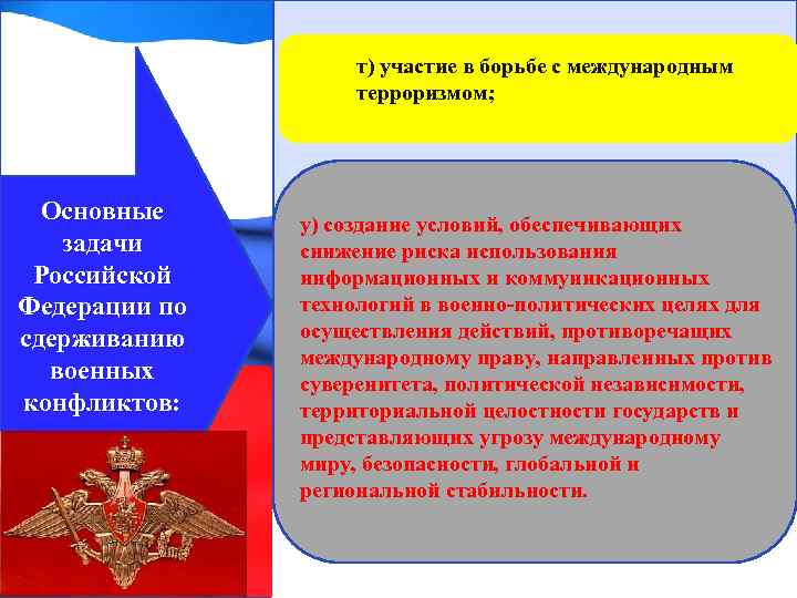 т) участие в борьбе с международным терроризмом; Основные задачи Российской Федерации по сдерживанию военных