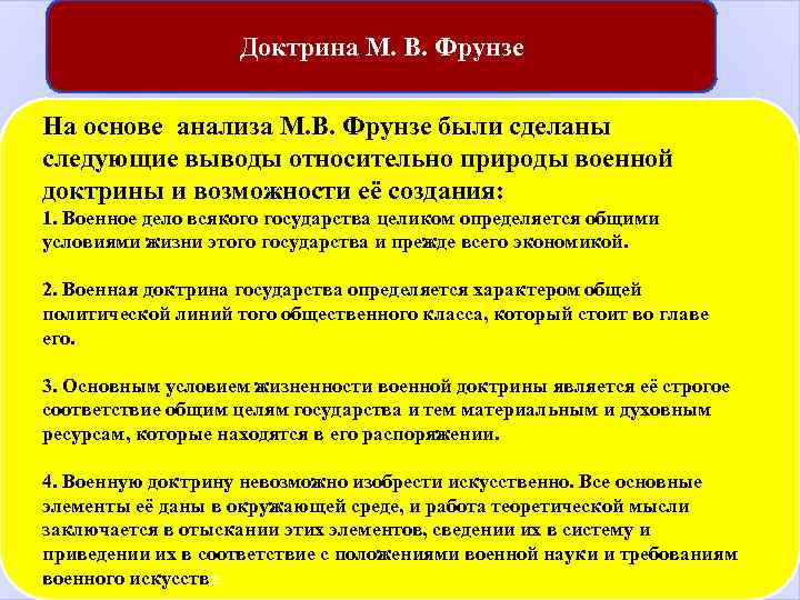 Доктрина М. В. Фрунзе На основе анализа М. В. Фрунзе были сделаны следующие выводы