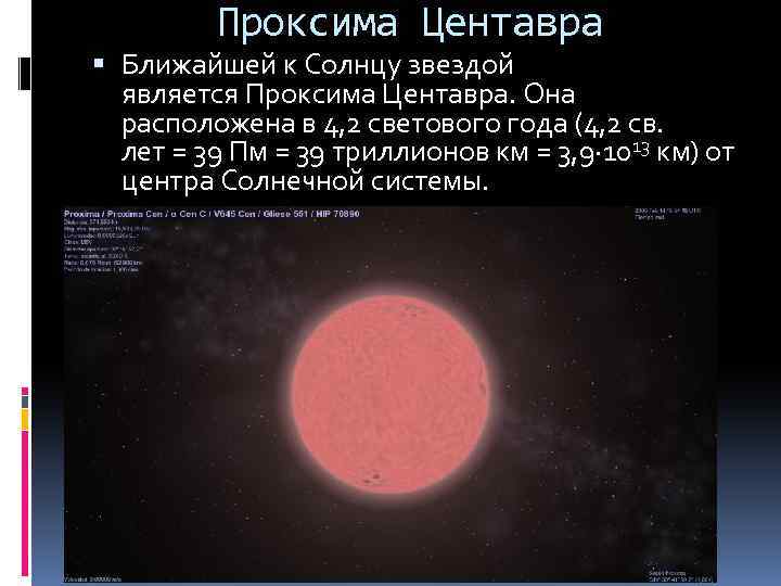 Проксима Центавра Ближайшей к Солнцу звездой является Проксима Центавра. Она расположена в 4, 2
