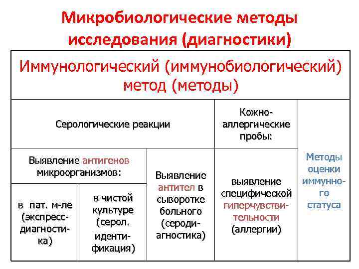 Микробиологические методы исследования (диагностики) Иммунологический (иммунобиологический) метод (методы) Серологические реакции Выявление антигенов микроорганизмов: в