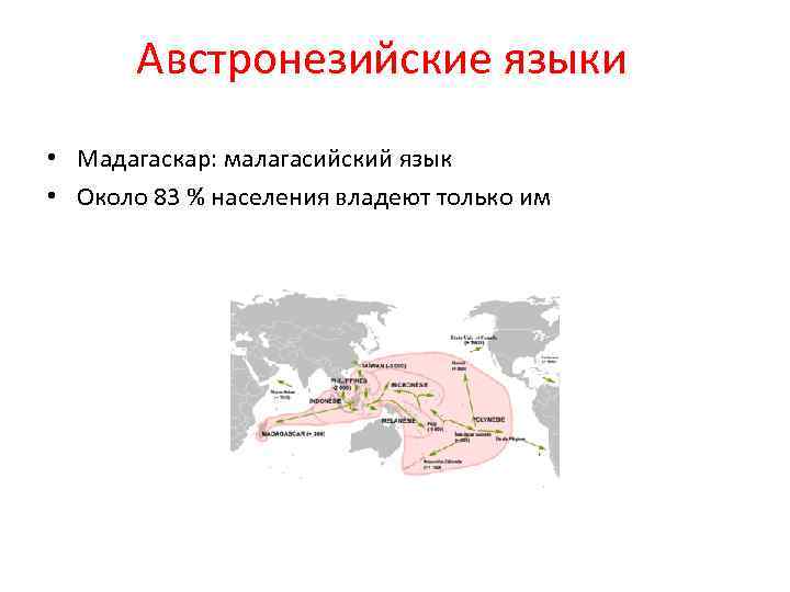 Австронезийские языки • Мадагаскар: малагасийский язык • Около 83 % населения владеют только им