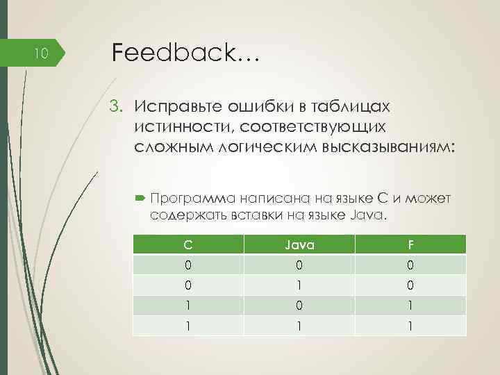 10 Feedback… 3. Исправьте ошибки в таблицах истинности, соответствующих сложным логическим высказываниям: Программа написана