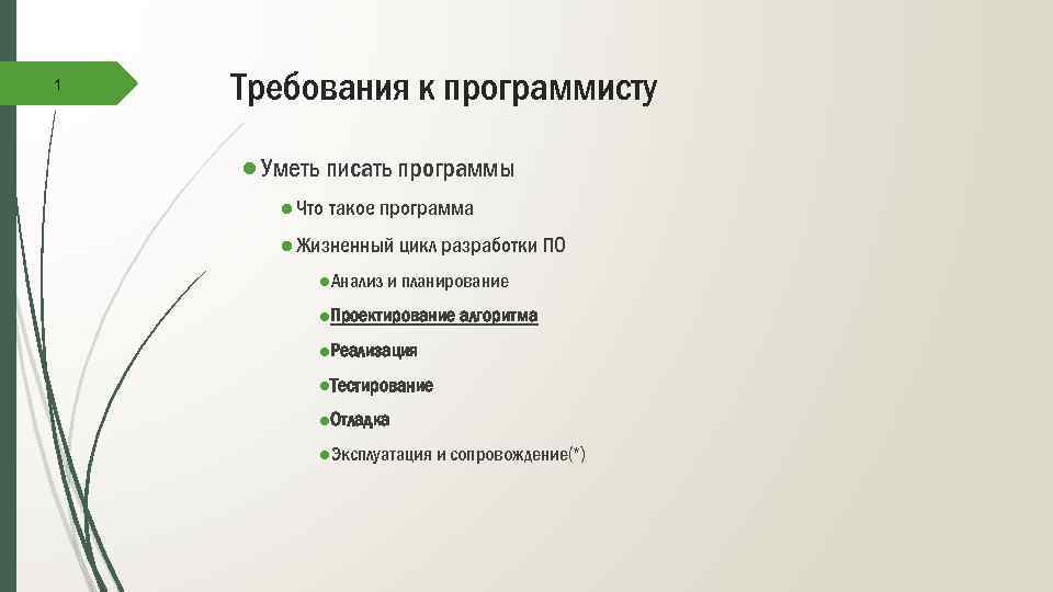 1 Требования к программисту ● Уметь писать программы ● Что такое программа ● Жизненный