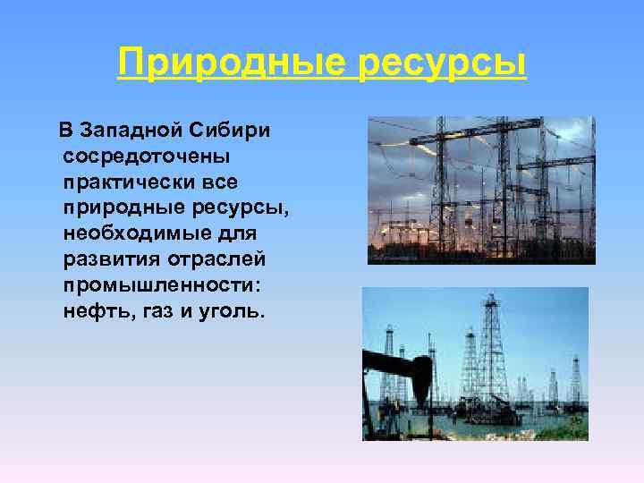 Природные ресурсы В Западной Сибири сосредоточены практически все природные ресурсы, необходимые для развития отраслей