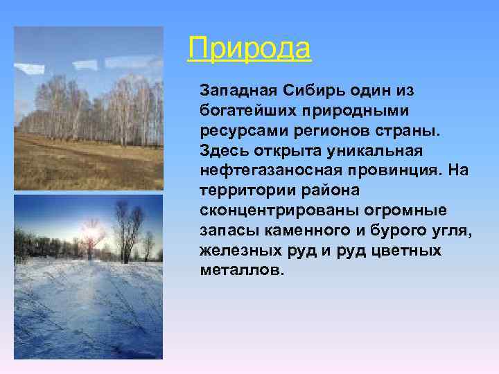 Природа Западная Сибирь один из богатейших природными ресурсами регионов страны. Здесь открыта уникальная нефтегазаносная