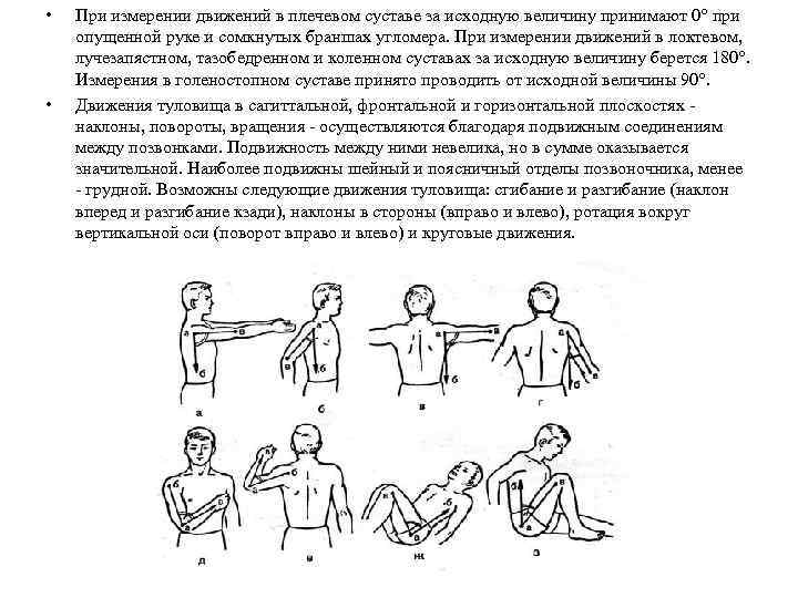  • • При измерении движений в плечевом суставе за исходную величину принимают 0°