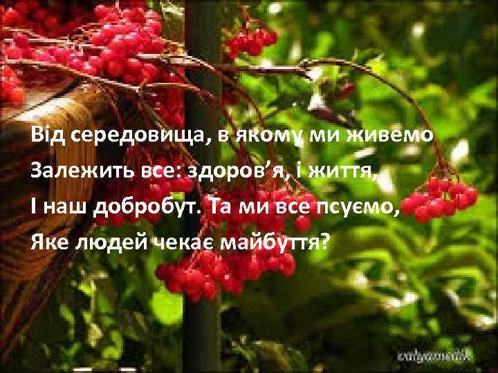 Від середовища, в якому ми живемо Залежить все: здоров’я, і життя, І наш добробут.