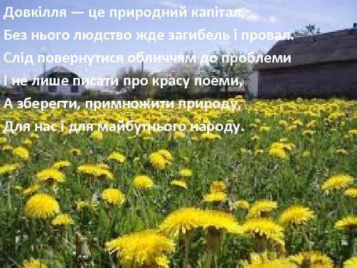 Довкілля — це природний капітал, Без нього людство жде загибель і провал. Слід повернутися