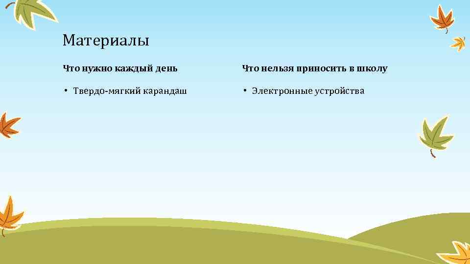 Материалы Что нужно каждый день Что нельзя приносить в школу • Твердо-мягкий карандаш •