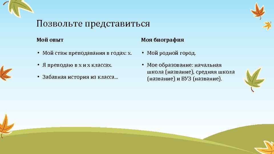 Позвольте представиться Мой опыт Моя биография • Мой стаж преподавания в годах: x. •