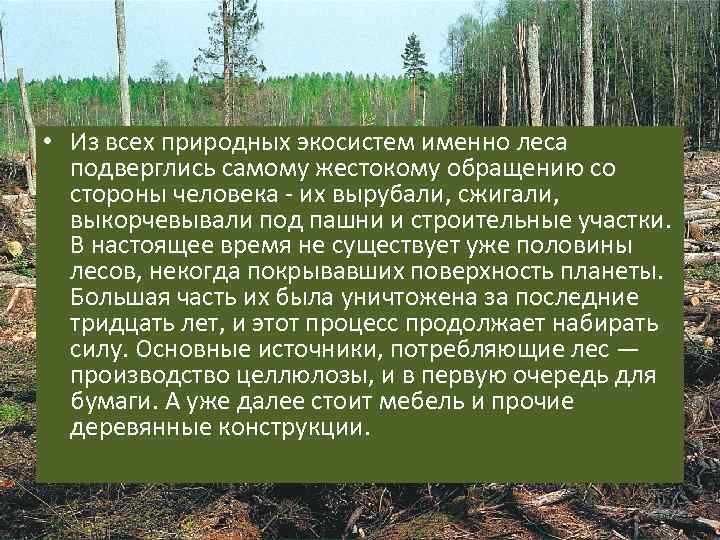  • Из всех природных экосистем именно леса подверглись самому жестокому обращению со стороны