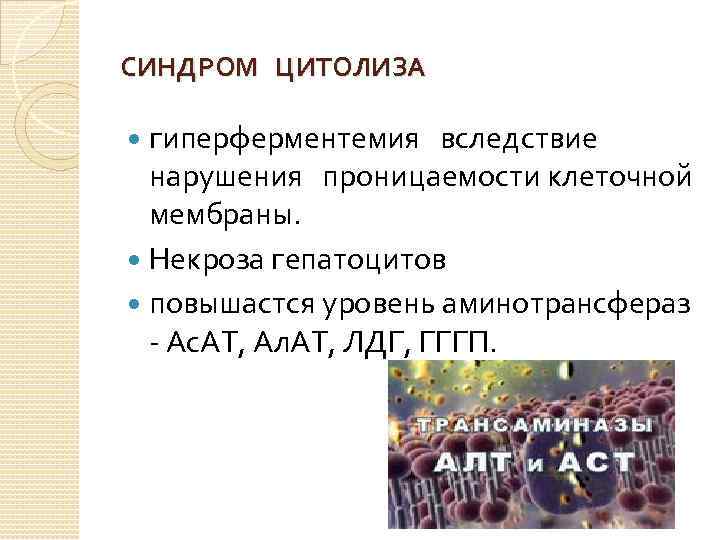 СИНДРОМ ЦИТОЛИЗА гиперферментемия вследствие нарушения проницаемости клеточной мембраны. Некроза гепатоцитов повышастся уровень аминотрансфераз -