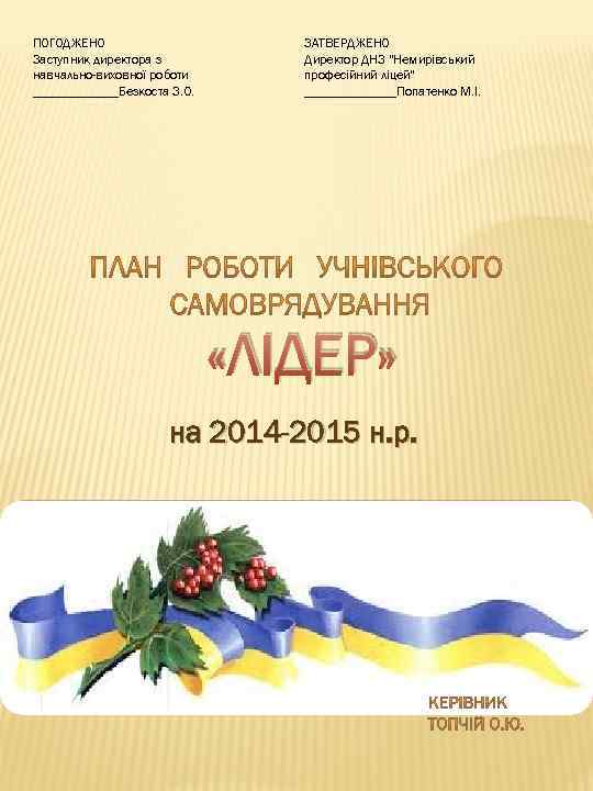 ПОГОДЖЕНО Заступник директора з навчально-виховної роботи _______Безкоста З. О. ЗАТВЕРДЖЕНО Директор ДНЗ “Немирівський професійний