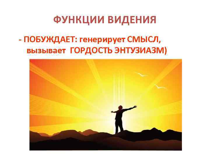 ФУНКЦИИ ВИДЕНИЯ - ПОБУЖДАЕТ: генерирует СМЫСЛ, вызывает ГОРДОСТЬ ЭНТУЗИАЗМ) 