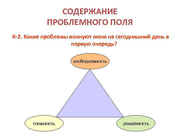 СОДЕРЖАНИЕ ПРОБЛЕМНОГО ПОЛЯ К-2. Какие проблемы волнуют меня на сегодняшний день в первую очередь?
