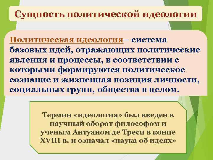 Сущность политической идеологии Политическая идеология– система базовых идей, отражающих политические явления и процессы, в