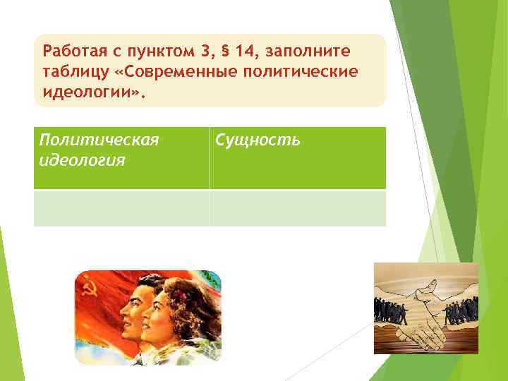 Работая с пунктом 3, § 14, заполните таблицу «Современные политические идеологии» . Политическая идеология