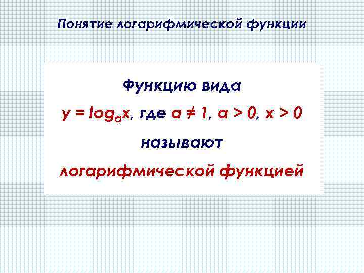 Понятие логарифмической функции Функцию вида y = logaх, где а ≠ 1, a >