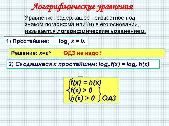 Логарифмические уравнения Уравнение, содержащее неизвестное под знаком логарифма или (и) в его основании, называется