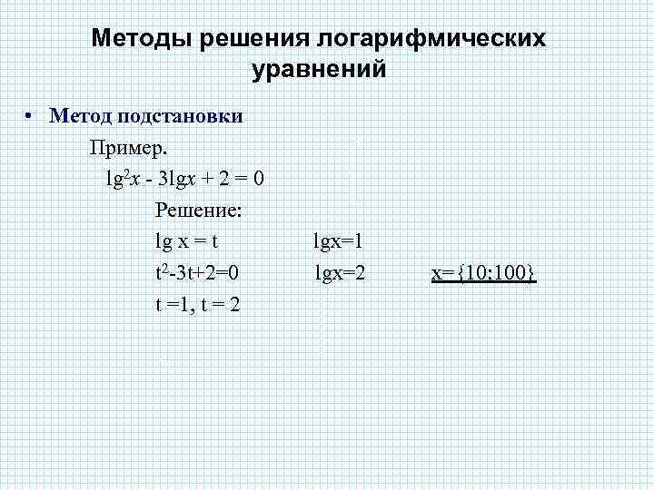 Методы решения логарифмических уравнений • Метод подстановки Пример. lg 2 x - 3 lgx