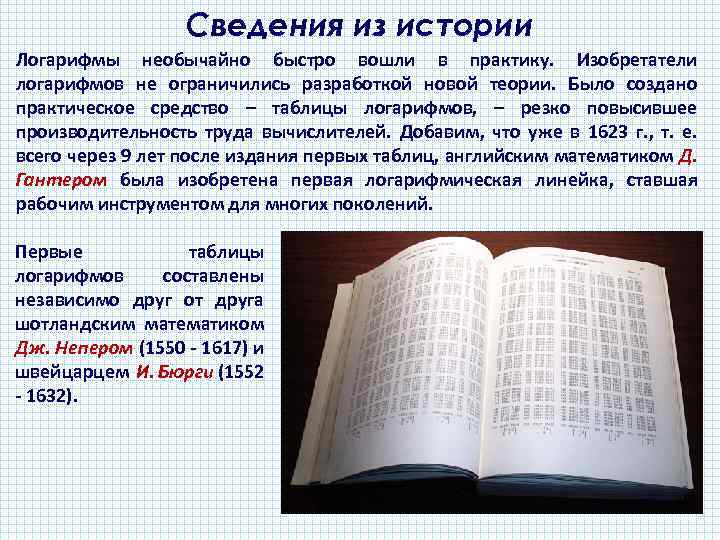 Сведения из истории Логарифмы необычайно быстро вошли в практику. Изобретатели логарифмов не ограничились разработкой