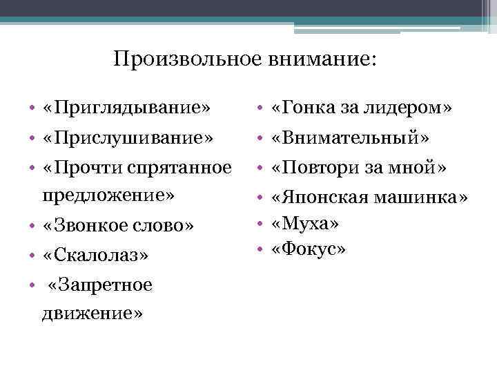 Произвольное внимание: • «Приглядывание» • «Гонка за лидером» • «Прислушивание» • «Внимательный» • «Прочти