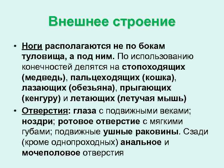 Внешнее строение • Ноги располагаются не по бокам туловища, а под ним. По использованию
