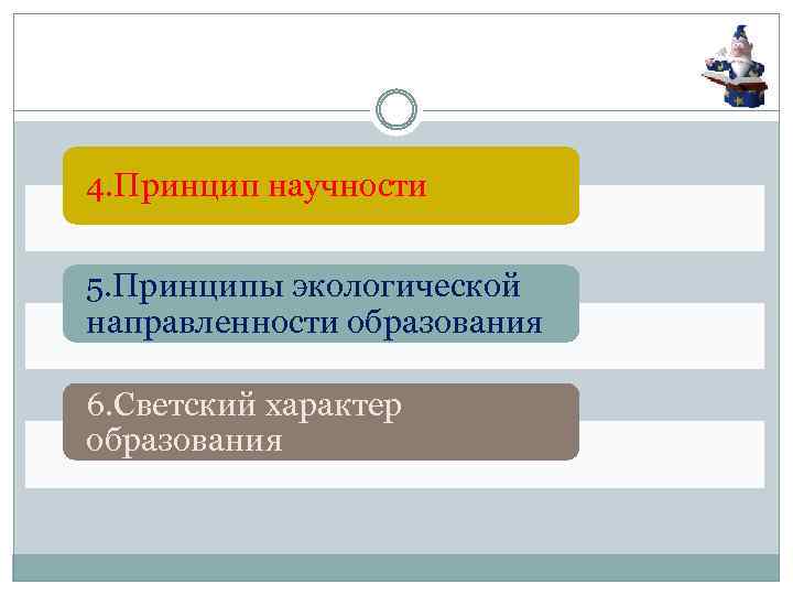 4. Принцип научности 5. Принципы экологической направленности образования 6. Светский характер образования 