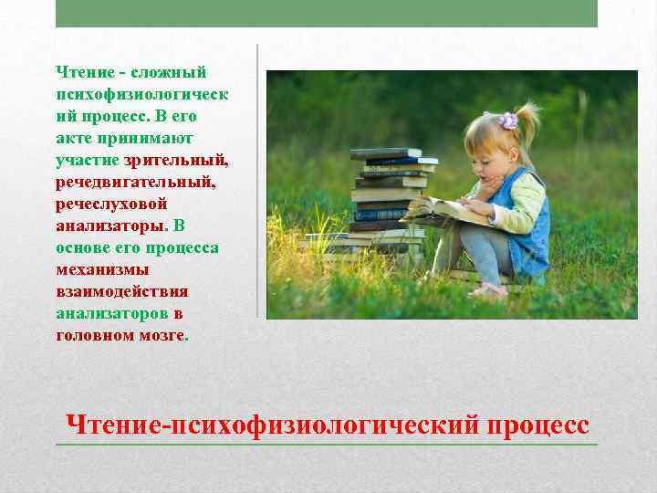 Чтение - сложный психофизиологическ ий процесс. В его акте принимают участие зрительный, речедвигательный, речеслуховой